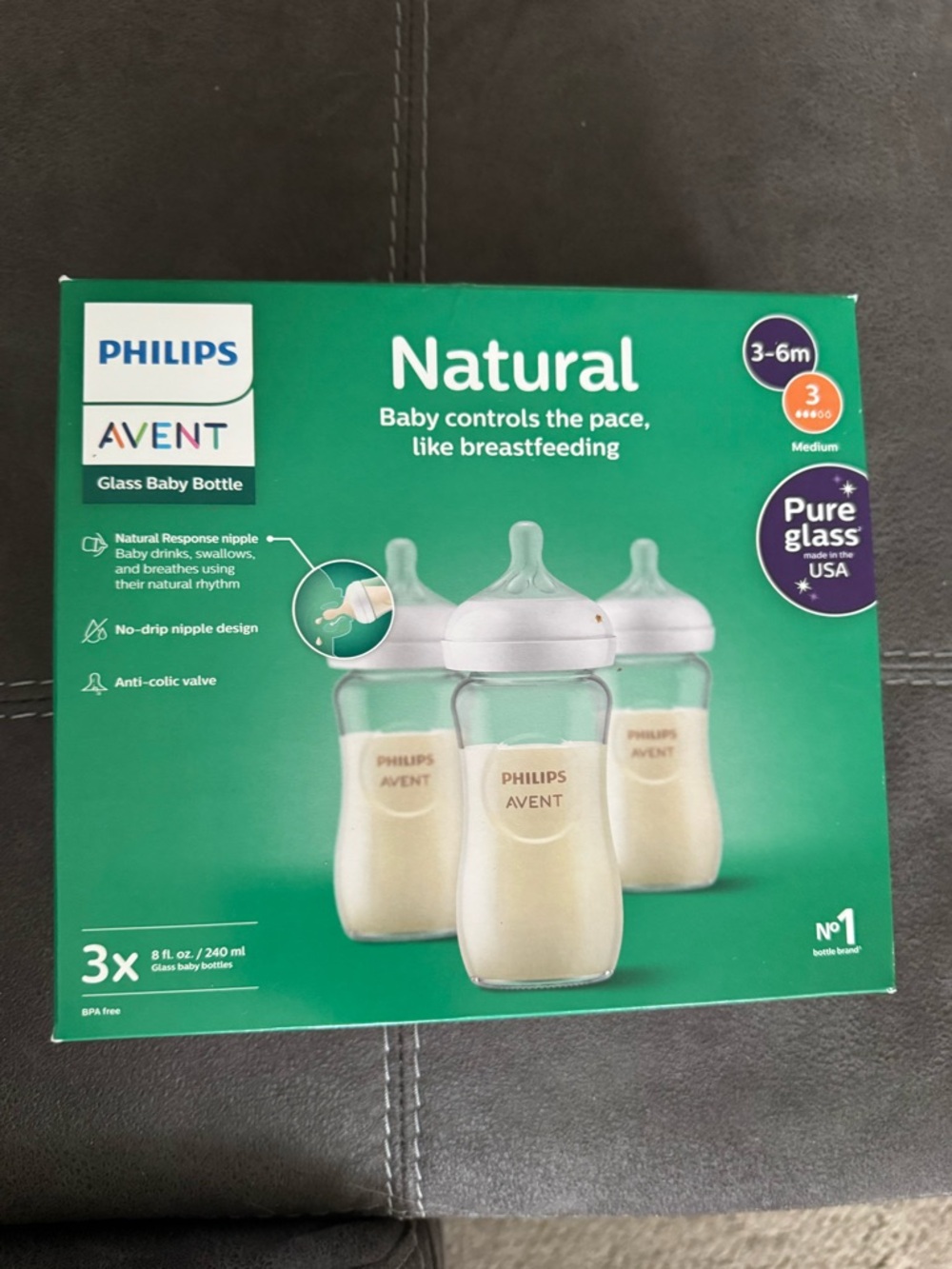 Philips Avent Natural Glass Baby Bottles 8oz 3-Pack (Flow 3, New)